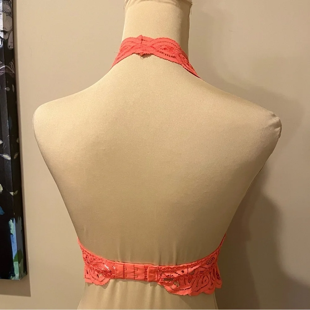 PINK VS Lace Halter Bralette in Vibrant Orange, size Small